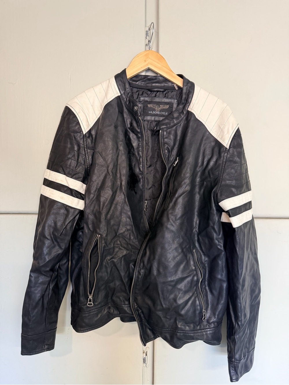 Wilsons Cycle Motorcycle Jacket Size M  Black White Cafe Racer Faux Leather